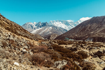 Beautifull Khumbu valley mountains landscape at the Everest Base Camp trek in the Himalaya, Nepal. Himalaya landscape and mountain views.