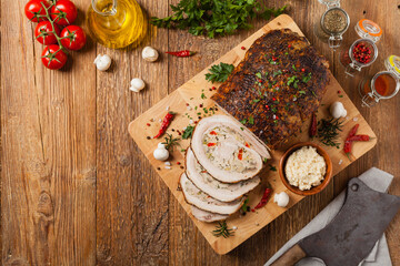 Baked whole bacon. Roulade with minced meat, mushrooms and paprika.