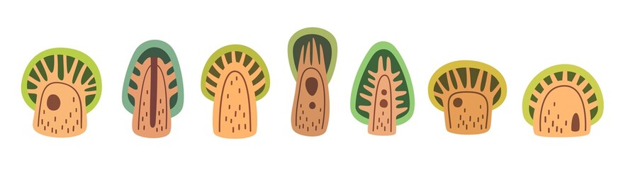 Folk art cartoon trees icon collection, flat vector stock illustration. Forest plant sticker set, clip art for childrens book or card, print for home decoration.