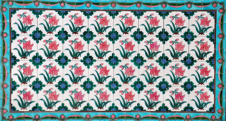 Pink and turquoise peranakan tile mosaic.
