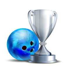 Bowling Game Award. Blue Bowling Ball and Silver Cup.
