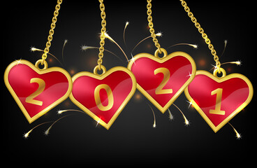 Vector illustration of red hearts on chain with number 2021 isolated on black background. Hanging tags in shiny golden framed. New year 2021 badges with firework typography concept. Happy NYE design.