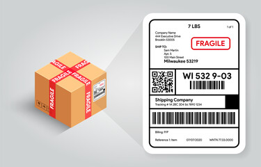 Shipping label on cardboard box template. Barcode and qr code for scanning. Postal Fragile sign and Scotch tape. Real life mockup. Cargo sticker with adress. Vector illustration banner design.