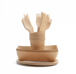 paper cup,  plates from brown craft paper and wooden forks and knives