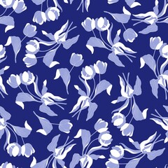 Fototapeta na wymiar Tulips vector seamless pattern for fabrics and wrappers. Blue stylish monochrome print for digital printing.