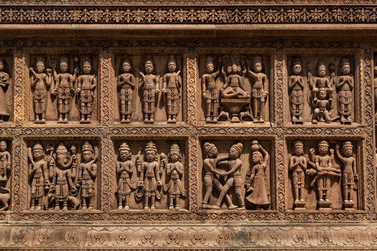 Beautiful carved wall of Syamji ki Chhatri, A 17th century heritage monument. Narsinghgarh, madhya pradesh.