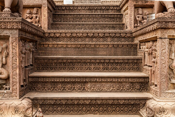Beautiful carved stairs of Syamji ki Chhatri, A 17th century heritage monument. Narsinghgarh,...