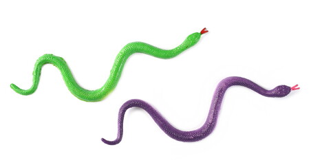Colorful rubber snakes, toys isolated on white background, top view