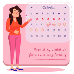 illustration of a girl with a pregnancy test on a calendar background