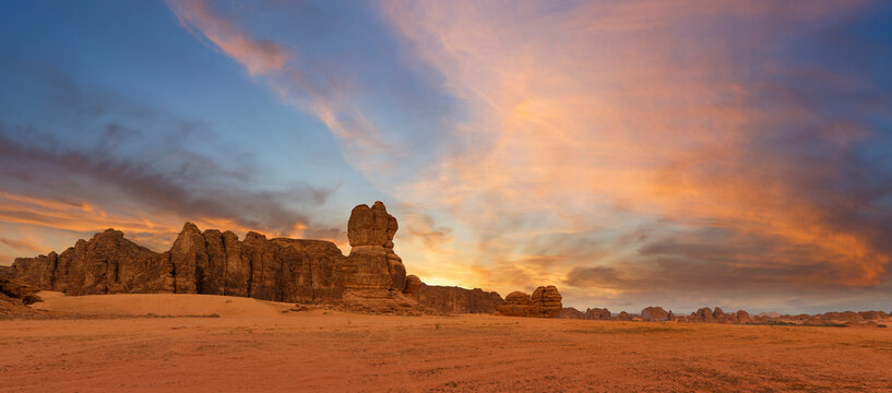 Outcrop Geological Formations At Sunset Near Al Ula In Saudi Arabia