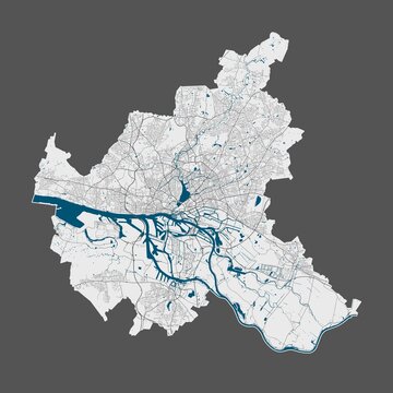 Hamburg map. Detailed map of Hamburg city poster with streets, water.