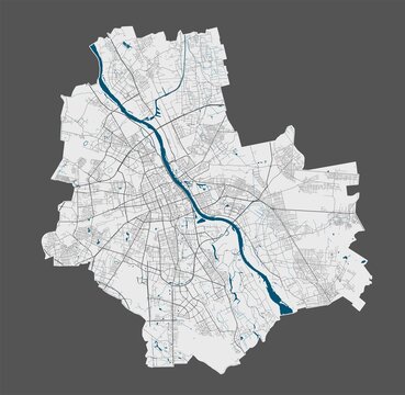 Fototapeta Warsaw map. Detailed map of Warsaw city poster with streets, water.