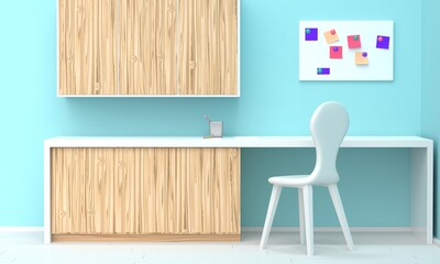 Bright interior of a home workplace with wooden furniture and a blue wall. Front view. 3d rendering