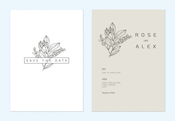 Minimalist floral wedding invitation card template design, floral line art ink drawing on bright purple