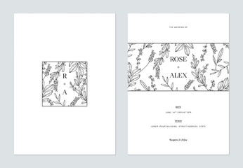 Floral wedding invitation card template design, floral line art ink drawing on white