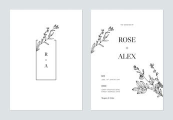 Minimalist floral wedding invitation card template design, floral line art ink drawing on white