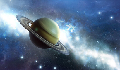 Saturn planet in the universe. Planet with rings is called saturn. Milky way in the background. 3D rendering. © Bikej Barakus