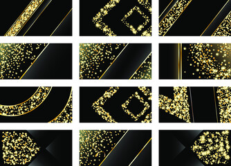 Luxury background, design for cards, business cards, invitations. Golden Confetti, Serpentine. Golden stars. Abstract texture on a black background, place for text. Vector, EPS 10.