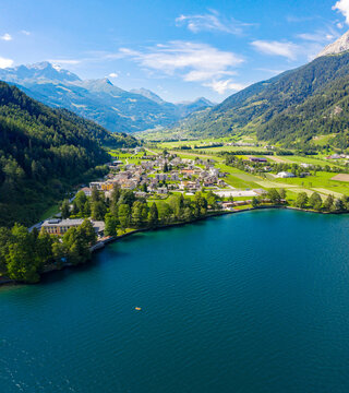 Poschiavo valley, Switzerland, aerial view of the village of Le Prese from the Poschiavo lake