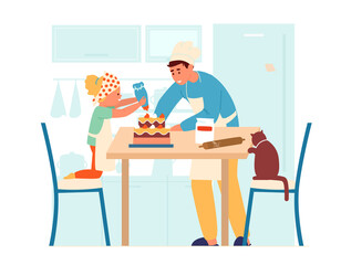 Vector Illustration Of Children In Aprons Making Cake Together In The Kitchen. Older Brother Helps His Little Sister Decorate Cake. Flat Design.