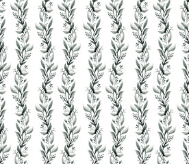 Seamless pattern. Watercolor botanical flowers, green leaves, branches. Vintage design for logo, wedding invitations, postcards, stickers, textile. White isolated background. Paper texture.