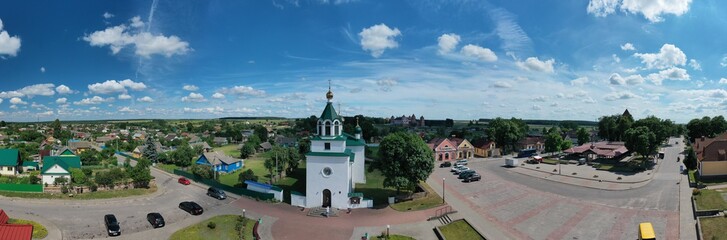 Fototapeta na wymiar Trinity Church in the village of Mir from above. Orthodox Church. Korelichi district. The Grodno region. Belarus.