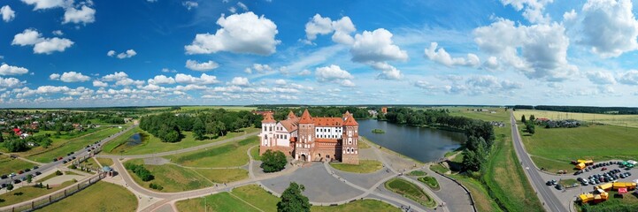 Fototapeta premium Mir Castle. Castle from a height at sunset. The village of Mir. Korelichi district. The Grodno region. Belarus.