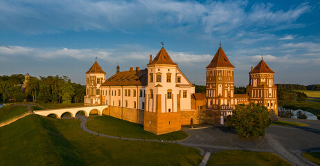 Mir Castle. Castle from a height at sunset. The village of Mir. Korelichi district. The Grodno region. Belarus.