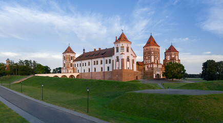 Mir Castle. Castle from a height at sunset. The village of Mir. Korelichi district. The Grodno region. Belarus.