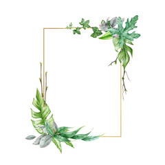 Green leaf arrangement with golden frame watercolor illustration. Eucalyptus, monstera leaves in elegant decorative frame. Lush tropical floral greens decor for wedding isolated on white background