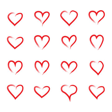 Outline heart icons. Vector set isolated on white background. Modern collection of different red hearts contour for sticker, label, tattoo art, love logo and Valentine's day. Vector illustration