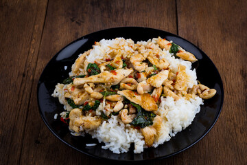 Spicy Fried basil leaf with chicken and rice