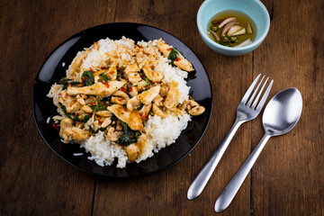 Spicy Fried basil leaf with chicken and rice