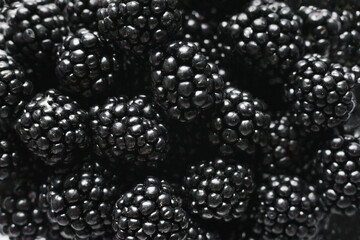 Background from fresh Blackberries, close up. Lot of ripe juicy wild fruit berries lying on the table