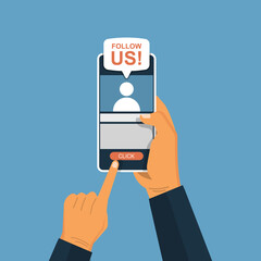 Hand holding smartphone design concept. Follow us in speech bubbles with retro color. Flat vector illustration