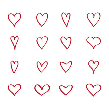 Outline heart icons. Vector set isolated on white background. Modern collection of different red hearts contour for sticker, label, tattoo art, love logo and Valentine's day. Vector illustration