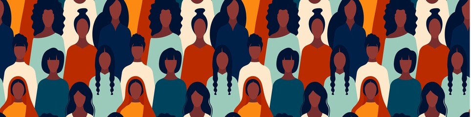 Black lives matter horizontal banner pattern long  racism. women's rights, women's day. Stop racism. BIPOC Seamless pattern.The image of protesting people, equality. BLM for web page African