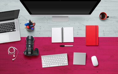 Poland flag background with headphone,camera, notebook and mouse on national office desk table.Top view with copy space.Flat Lay.