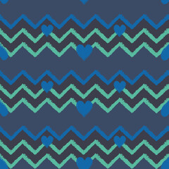 Vector blue green chevrons hearts seamless pattern