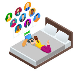 Isometric video conference. Online meeting work form home. Home office. Multiethnic business team. Stay at home and work from home concept during Coronavirus pandemic