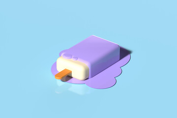 3d render of purple stick ice cream melting on pastel blue background. Minimal summer concept.