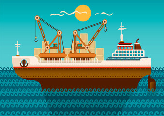 Cartoon style industrial ship on the sea. Vector illustration.