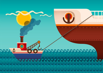 Cartoon style tugboat pulling giant ship. Vector illustration.