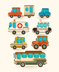 Set of various vehicles in retro style. Vector illustration.	
