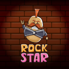 vector funny cartoon cute brown punk rock star potato character with Iroquois isolated on brick wall background. ROck star vector concept print. rock n rock hipster vegetable funky character