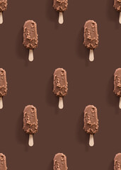 vanilla and chocolate ice cream popsicle on a brown background, Seamless pattern