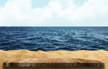 Wooden table top on blue sea and white sand beach background.  
