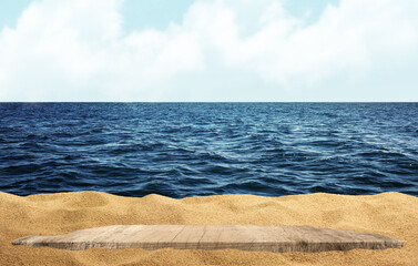 Fototapeta na wymiar Wooden table top on blue sea and white sand beach background. 