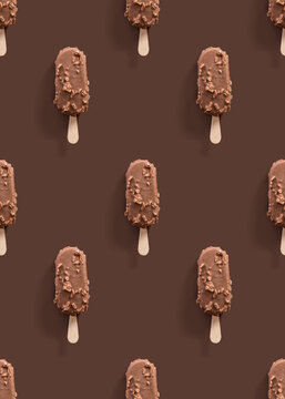 Vanilla And Chocolate Ice Cream Popsicle On A Brown Background, Seamless Pattern