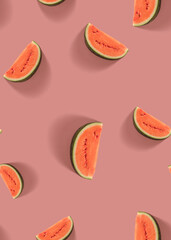 Watermelon slice seamless pattern on pastel pink background. Minimal fruit concept.